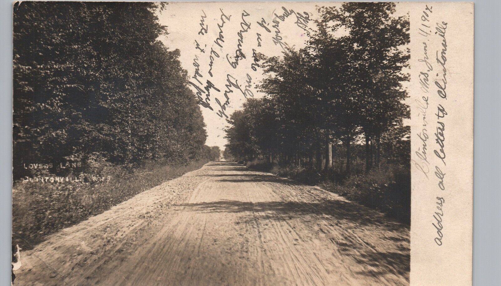 LOVERS LANE clintonville wi real photo postcard rppc wisconsin dirt road