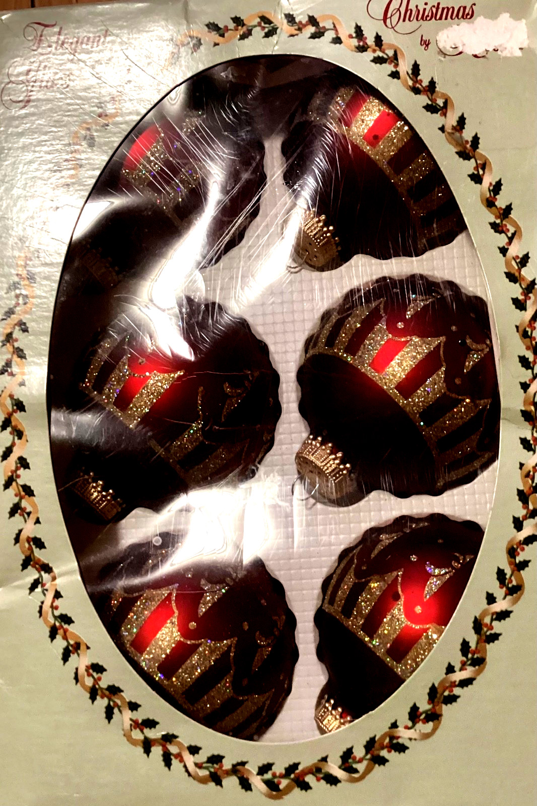 Christmas by Krebs Glass Ball Ornaments Set of 6 Burgundy Gold Glitter Boxed