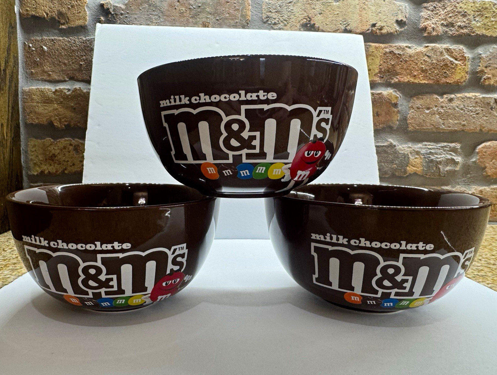 M&M\'s Milk Chocolate Brown Ceramic Bowl Set of 3 Candy & Nuts Theme 2024 MINT