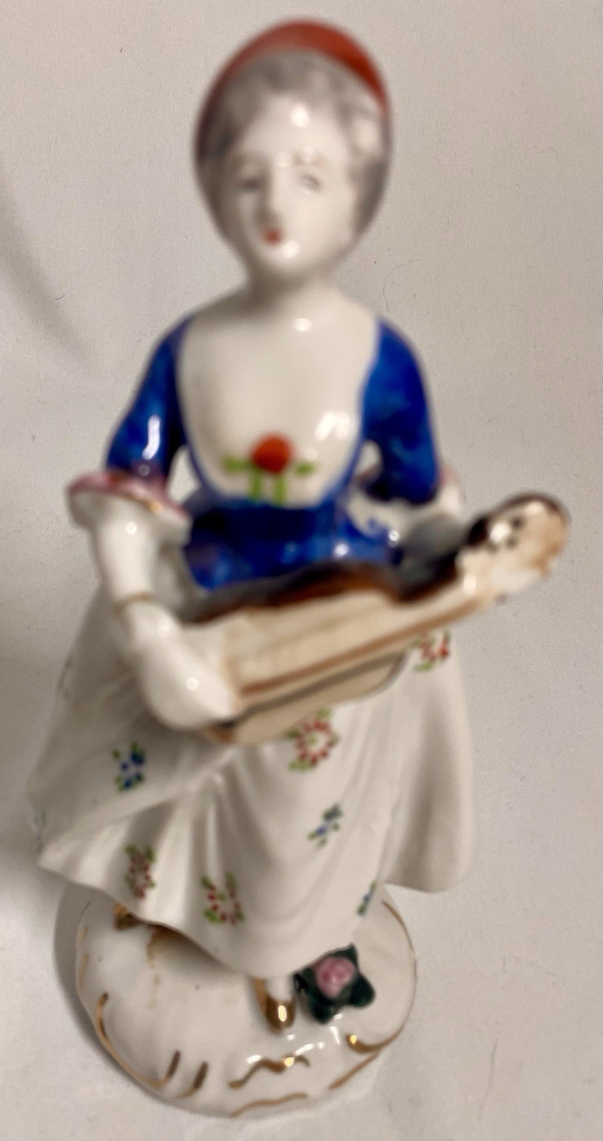 Porcelain Figurine Colonial Woman Holding Mandolin Made Handpainted Japan 7 in H