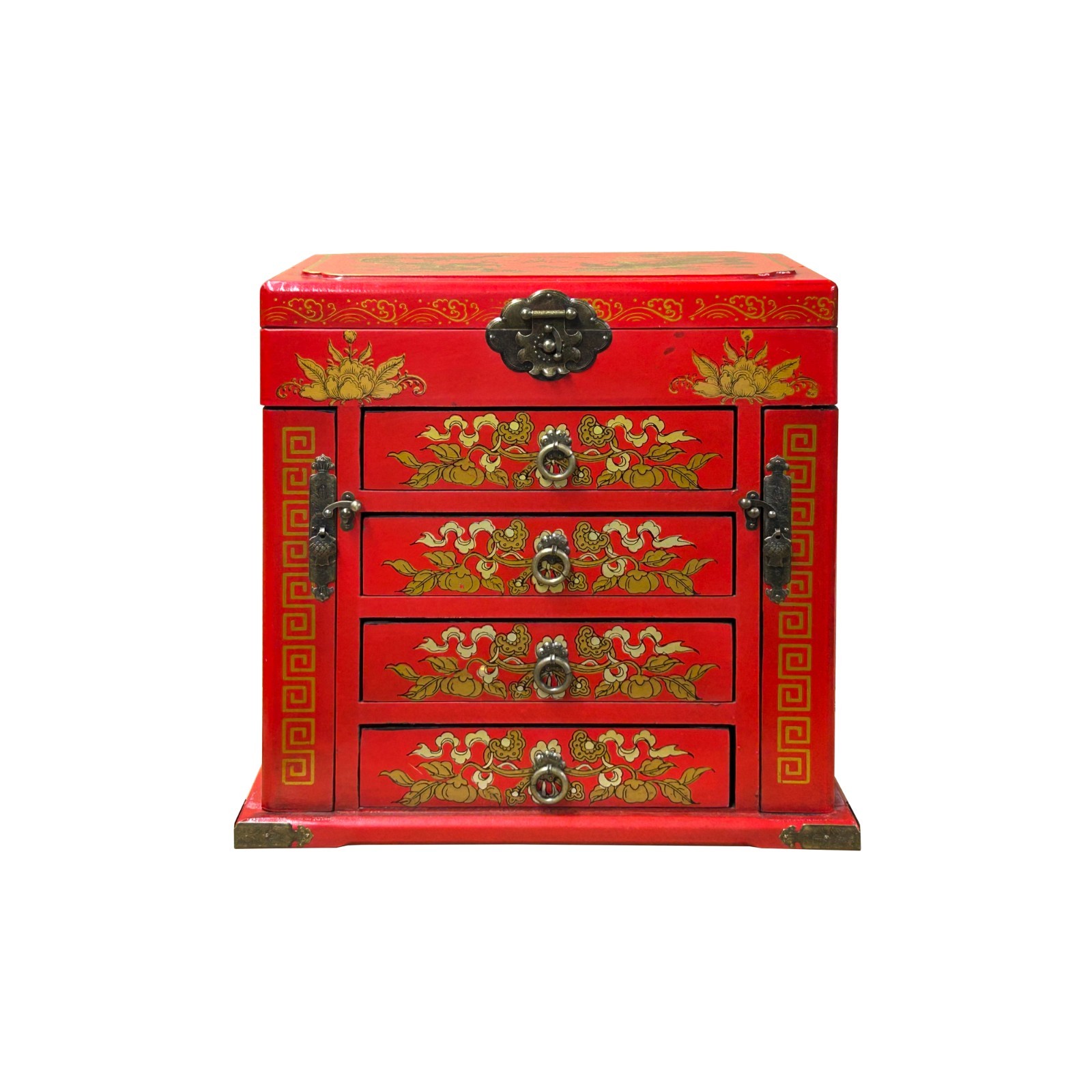 Chinese Oriental Red Dragon Phoenix Mirror Rectangular Jewelry Box GB216