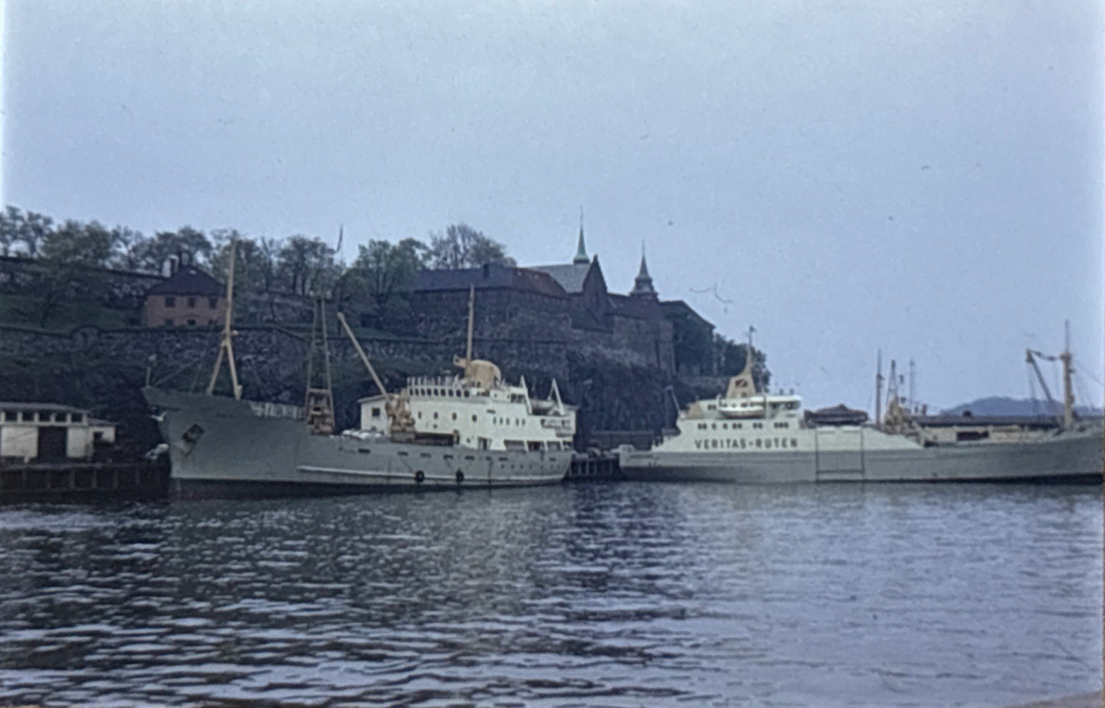 Orig 1967 Slide Oslo Harbor Ships Akershus Fortress Veritas-Ruten Norway H139