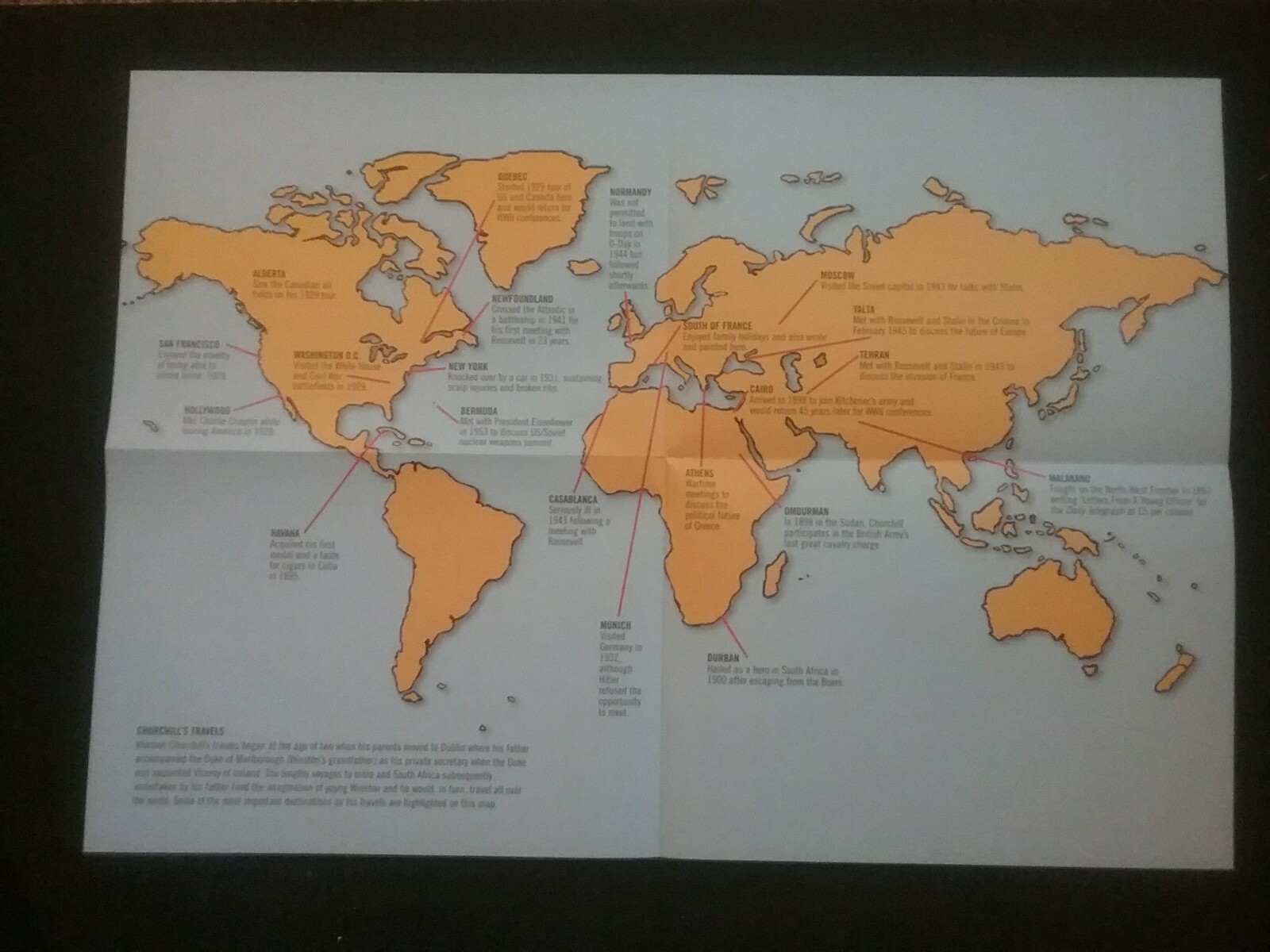 A MAP OF THE WORLD WITH IMPORTANT PLACES AND DATES IN CHURCHILL\'S TRAVELS A MAP OF THE WORLD WITH IMPORTANT PLACES AND DATES IN CHURCHILL\'S TRAVELS