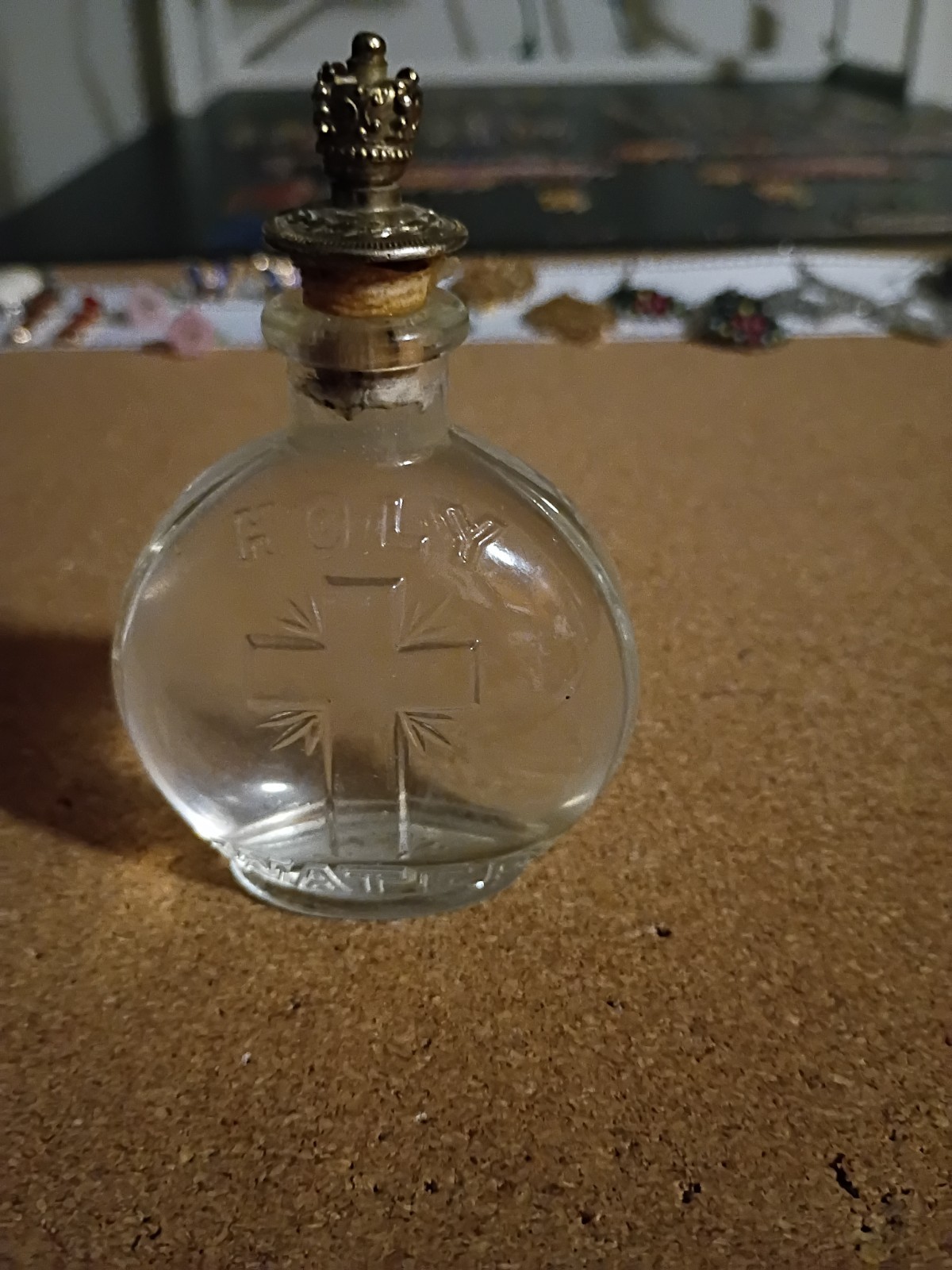 Vintage glass holy water bottle Antique Unique Rare T. C. W. CO: U S A 1930\'s