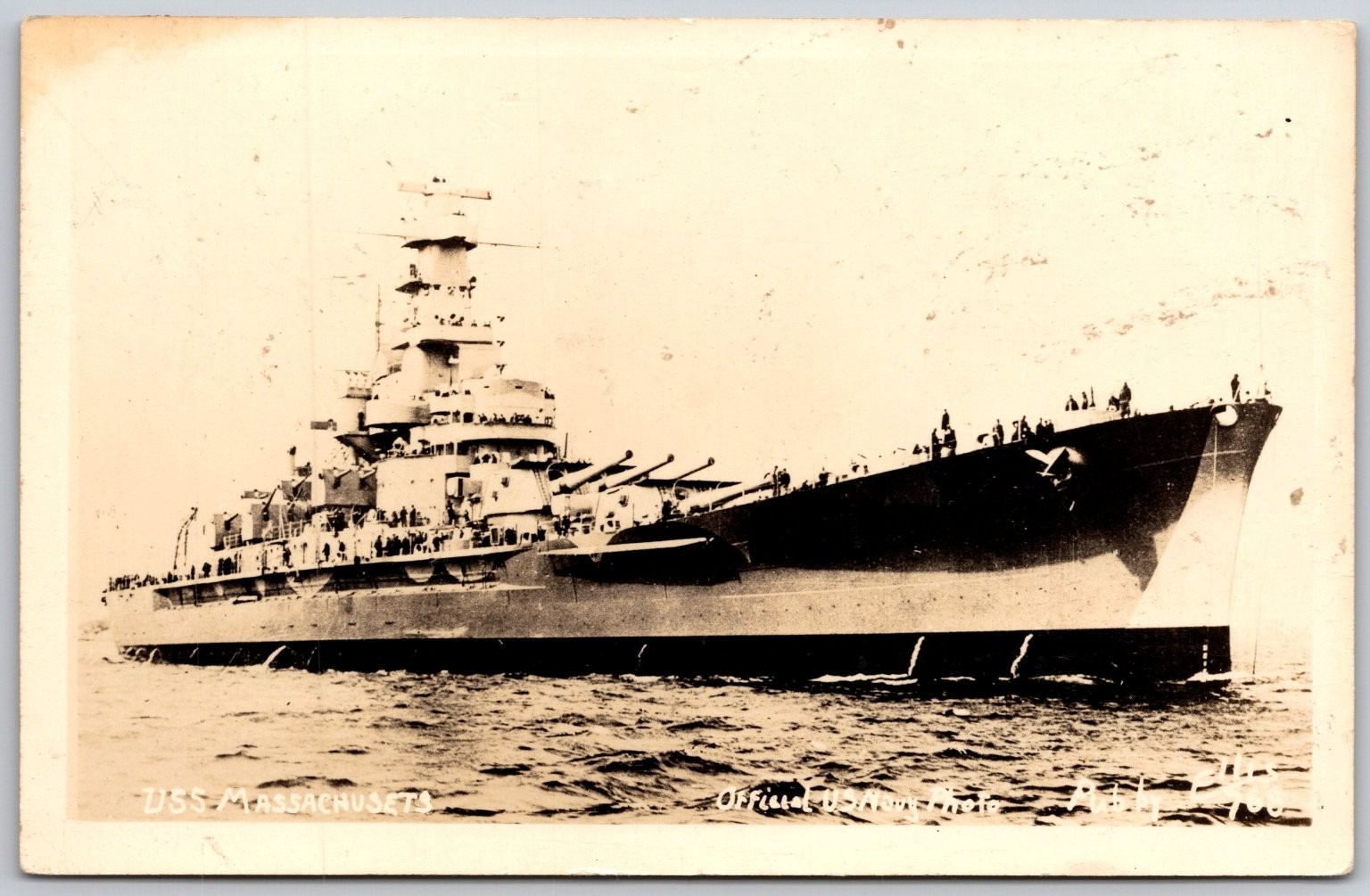 USS Massachusetts Battleship Official USN Photo Real Photo Postcard RPPC