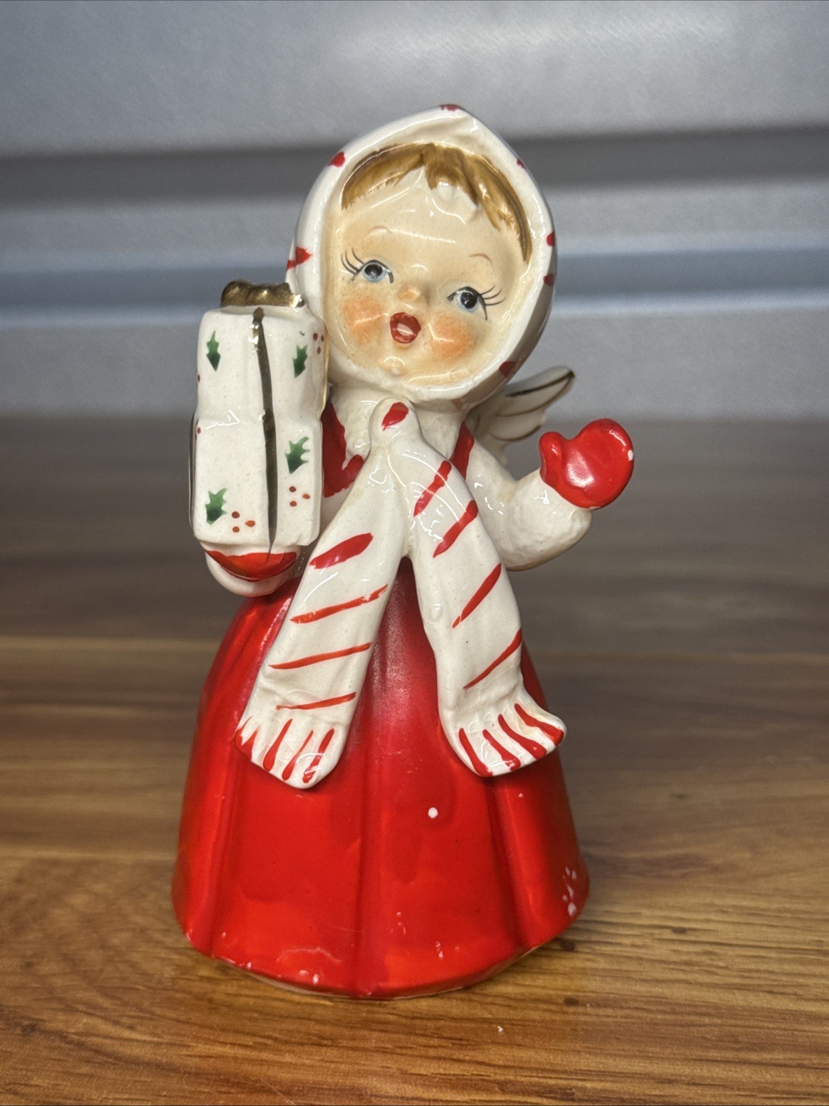 Vintage UCAGCO Ceramics Christmas Angel Girl w Gifts Figurine JAPAN Presents Red