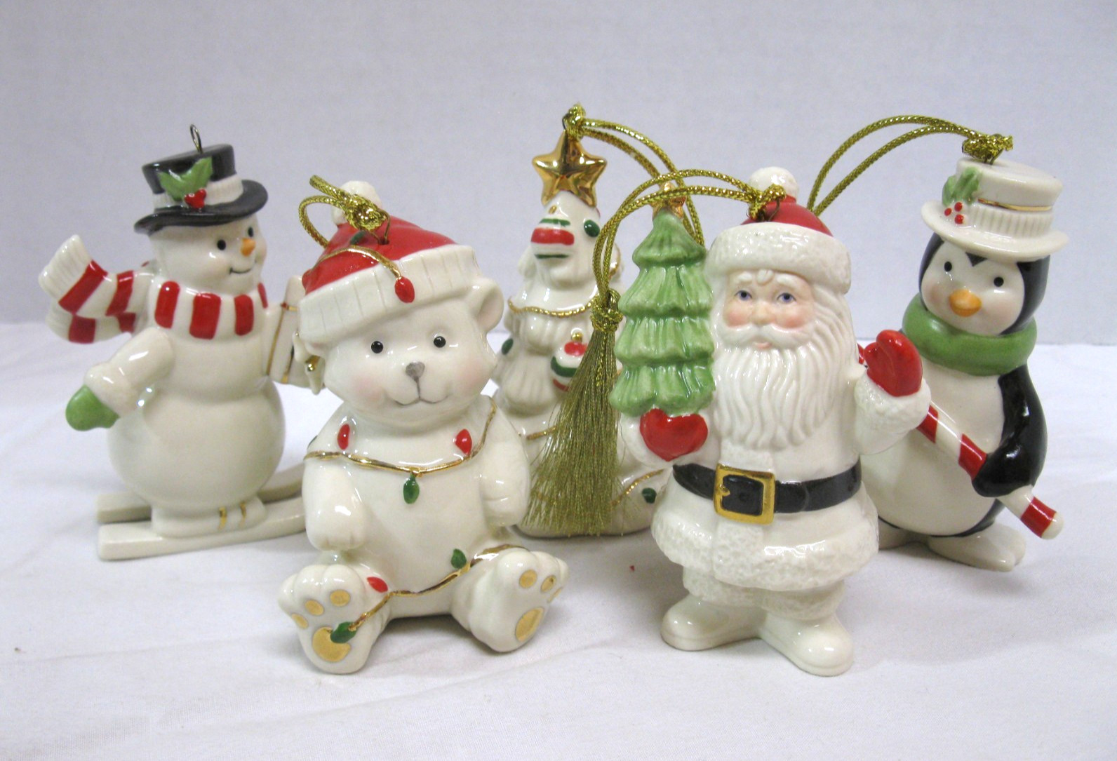 Lenox Very Merry Christmas Ornaments 5 Piece Set Snowman Santa Bear Tree Penguin