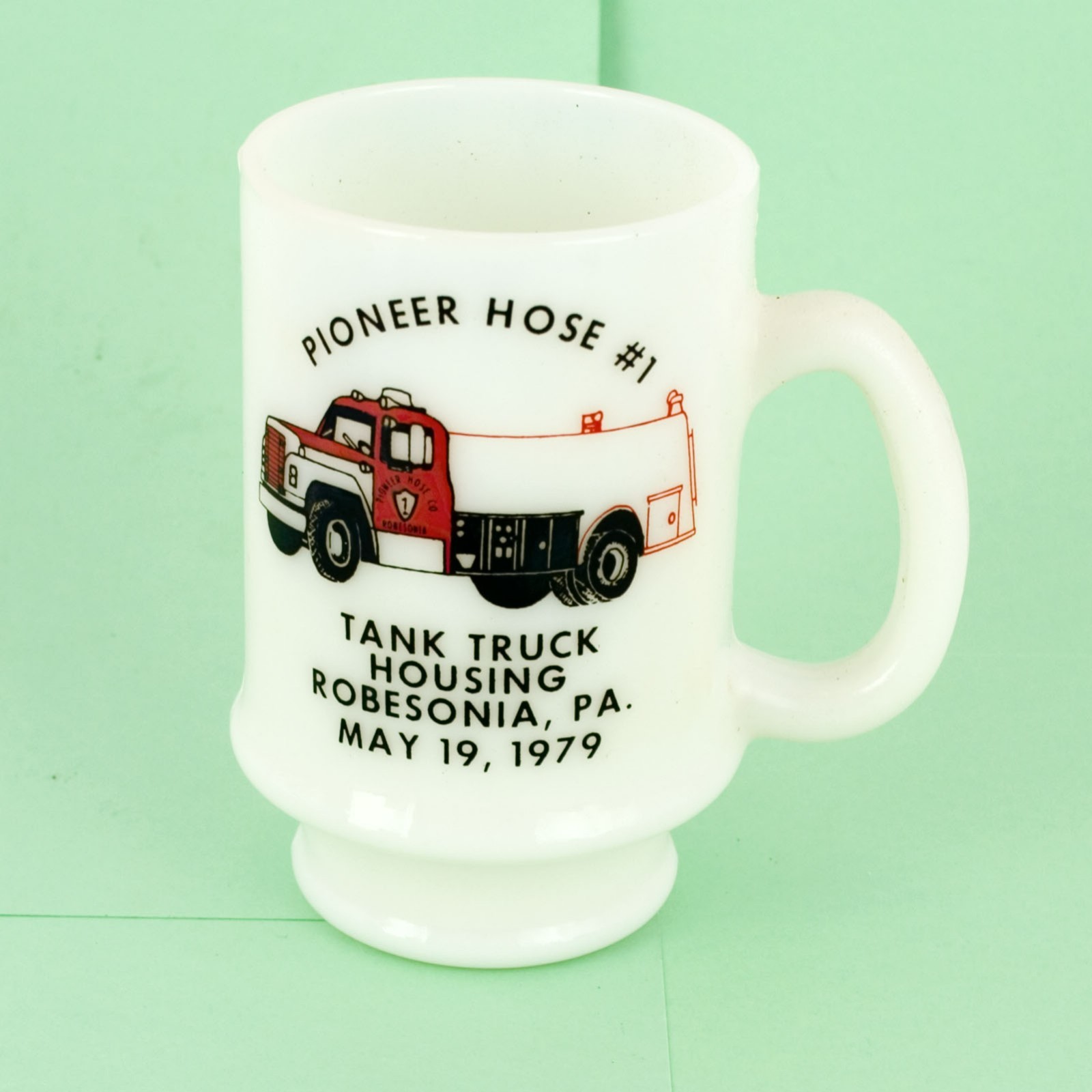 Vintage 1979 Milk Glass Mug Pioneer Hose Co #1 Robesonia PA Fire Truck Housing