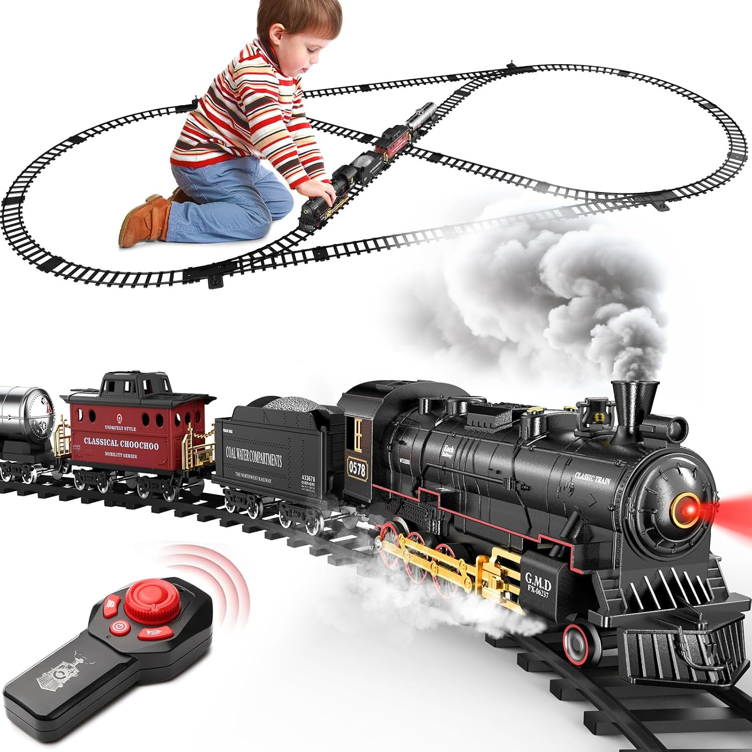 RC Train Set for Kids, Alloy Steam Locomotive with Cars and Tracks