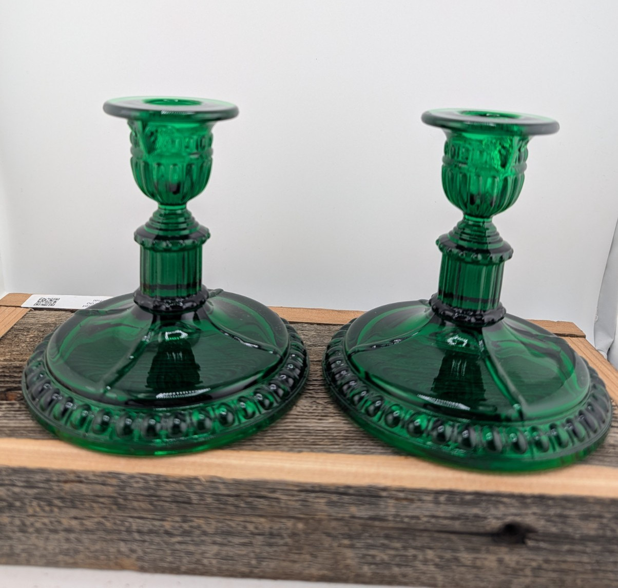 Vintage Emerald Green Pressed Glass Candlesticks Pair Egg and Dart Neoclassical