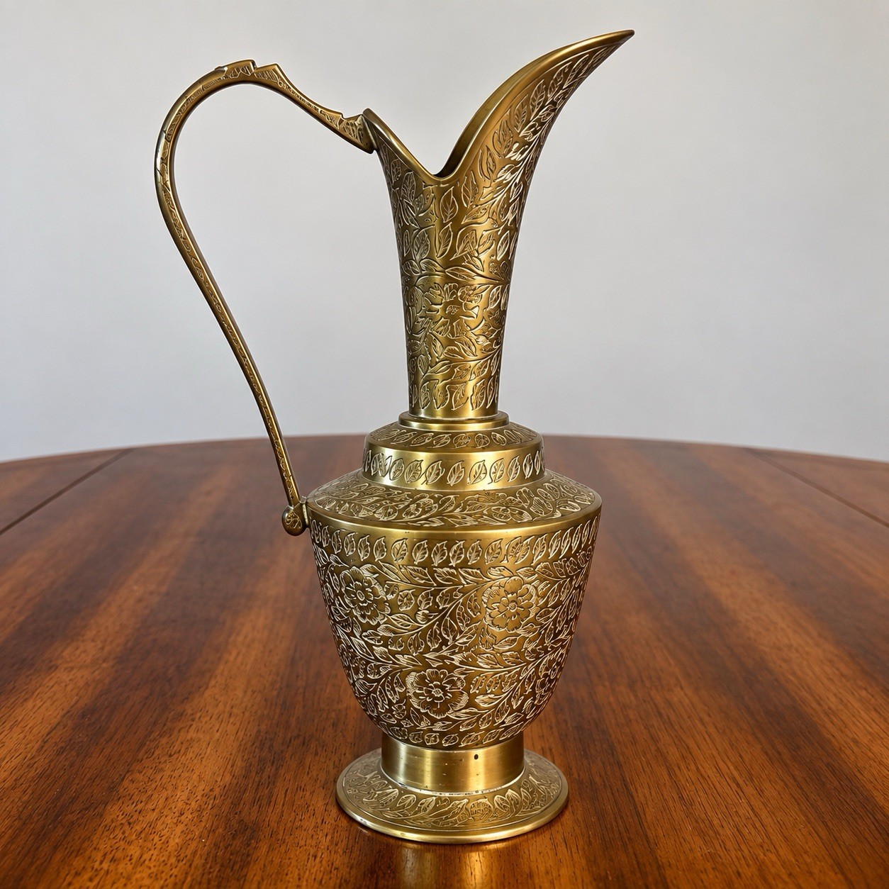 Vintage Etched Brass Pitcher w/ Handle Vase Vessel Jug India Decor Floral