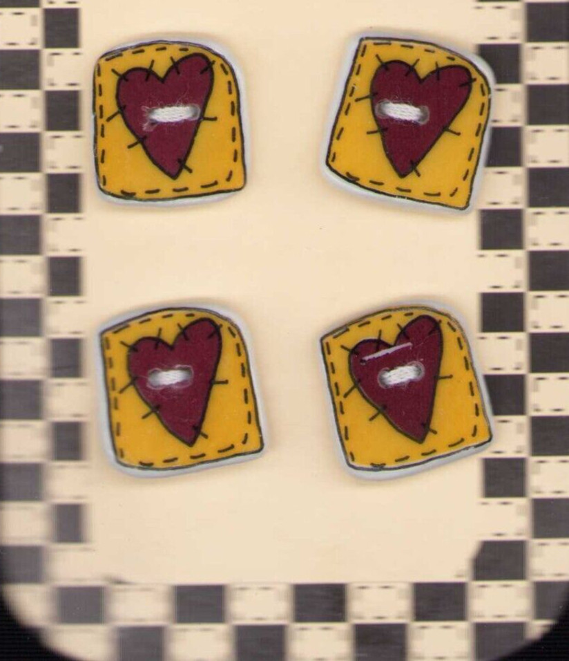 Lot of 4 Vintage Ceramic Buttons on original card Hearts Red Yellow Black