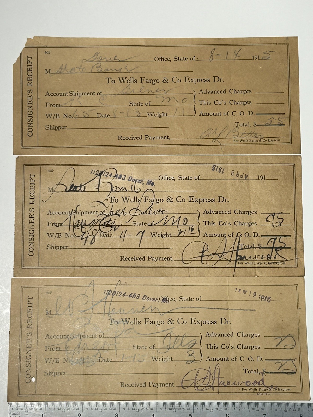 1915 WELLS FARGO & CO. EXPRESS CONSIGNEE\'S RECEIPT Chicago IL., K.C TO DOVER Mo.