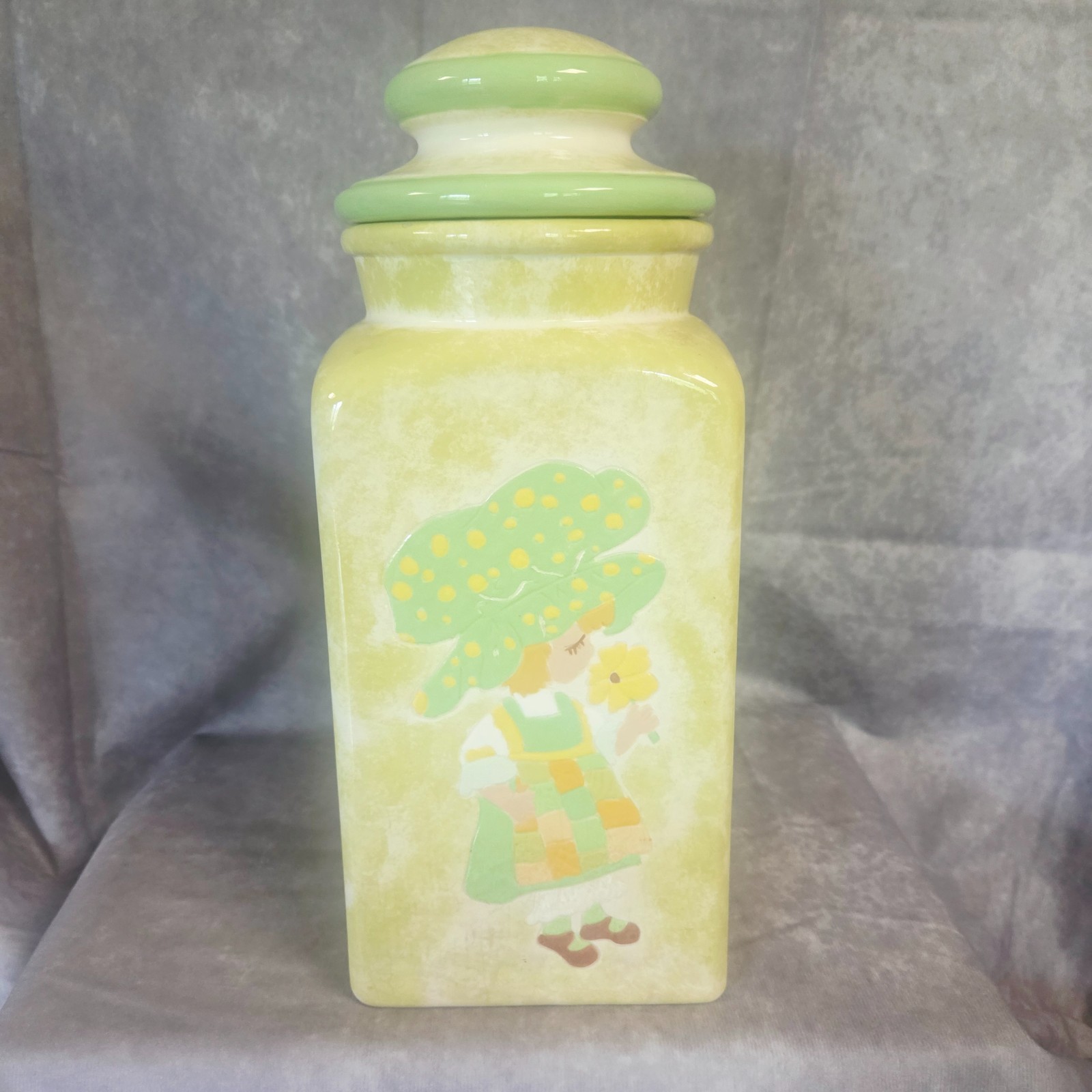 Vintage Ceramic Canister Girl Flower Green Yellow 13