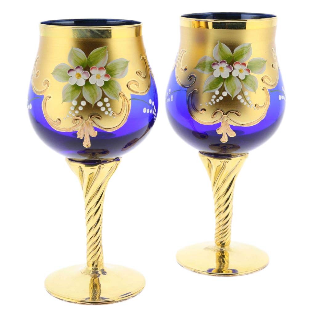 GlassOfVenice Set of Two Murano Glass Wine Glasses 24K Gold Leaf - Blue