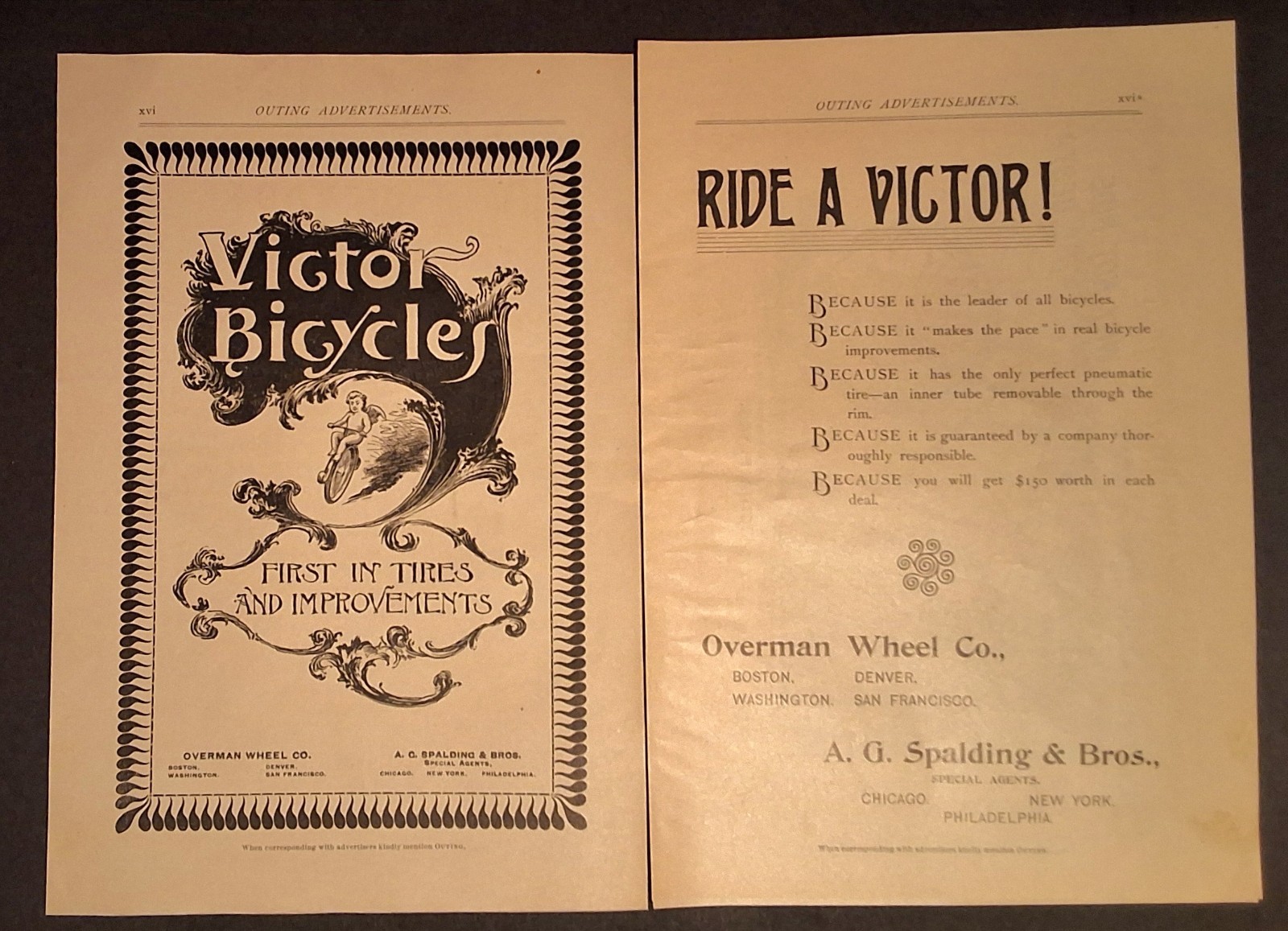 1893 Victor Bicycles - Rare 2-page Antique AD Art Decor