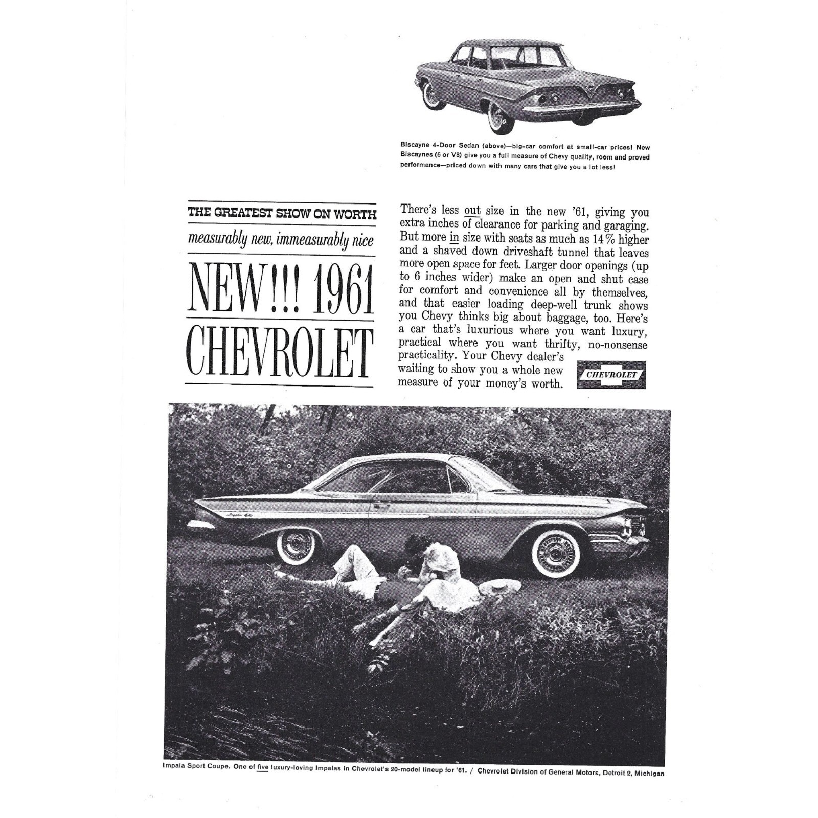 New 1961 Chevrolet Biscayne Or V8 Sedan Full Size Car Print Advertising