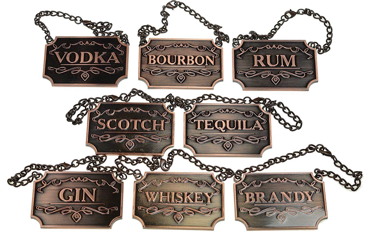 Gorgeous Liquor Decanter Tags Labels Set of 8 Dark Copper w Adjustable Chain