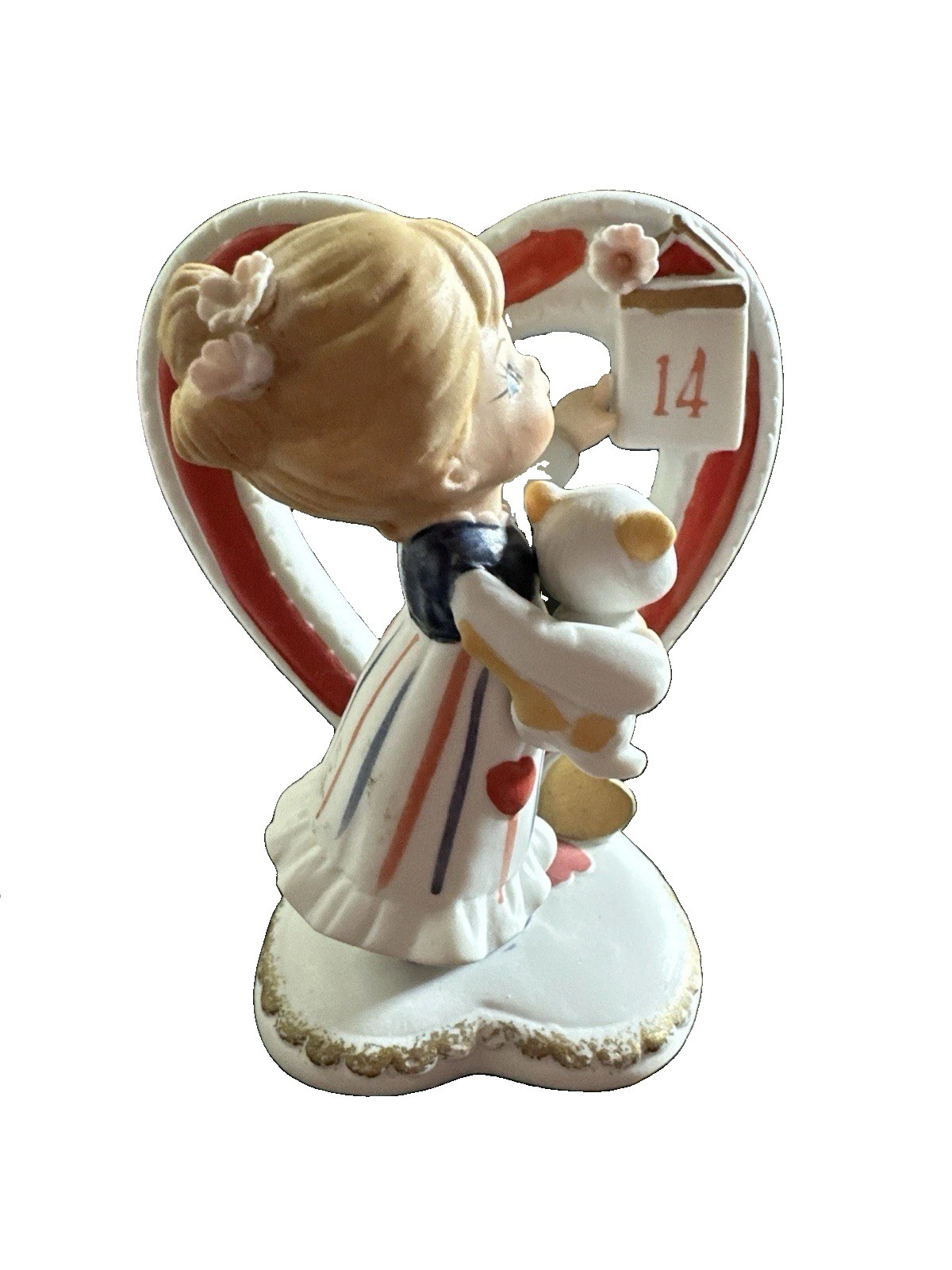 Vintage Lefton 243 Valentine Girl w/ Cat Open Heart with 14 Note Figurine *Read*