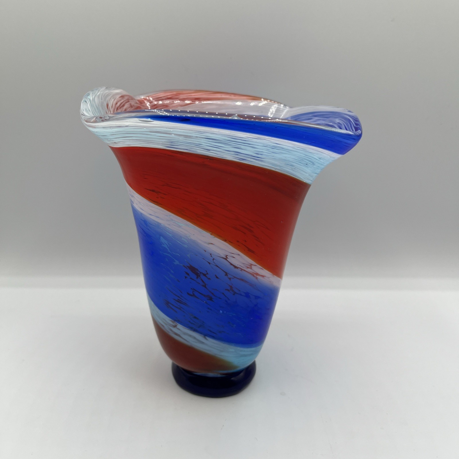 Red White & Blue Handblown Art Glass Top Vase Medium 7” Tall Beautiful Abstract 