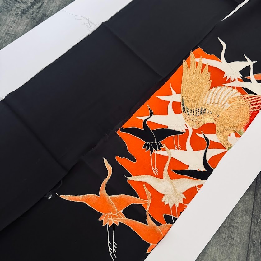 Crane #Eset 3.22yd LONG Hand Painted Tomesode Black Kimono Silk Fabric ToG19