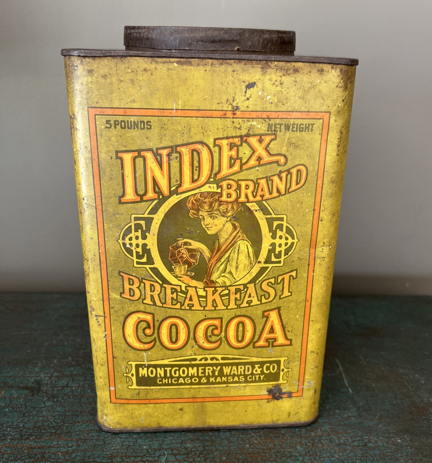 ATQ. 1910-20 INDEX BRAND BREAKFAST COCOA TIN 5 LBS. MONTGOMERY WARD CO. CANCO CO ATQ. 1910-20 INDEX BRAND BREAKFAST COCOA TIN 5 LBS. MONTGOMERY WARD CO. CANCO CO