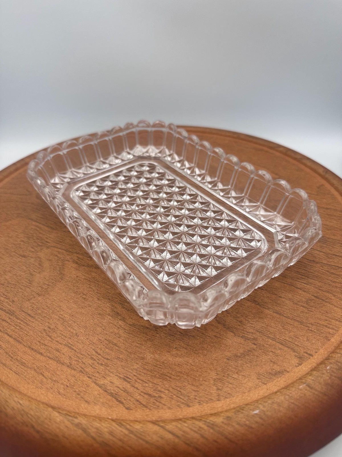 Vintage 1940/60s, Scalloped Glass Dresser Tray, Raised Star Diamond Pattern,
