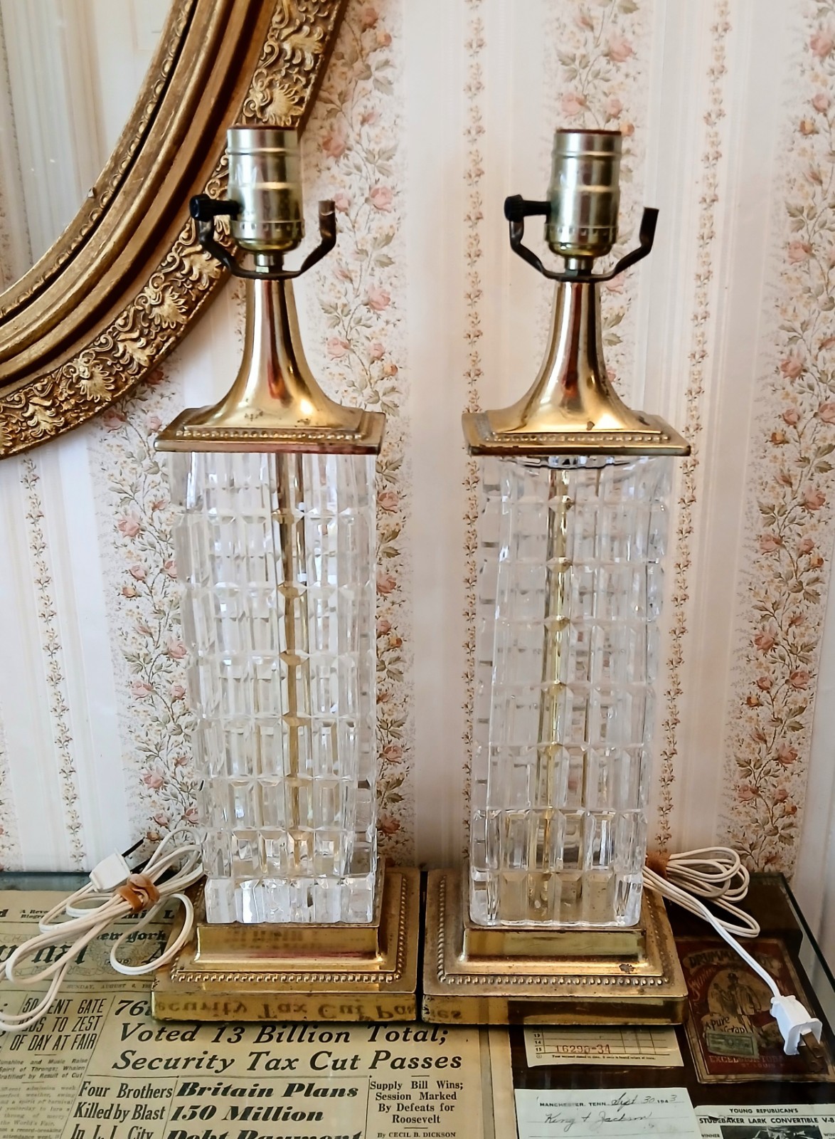 Vintage MCM Dresden Signed Crystal Block Column Brass Table Lamps Pair Works 19 Vintage MCM Dresden Signed Crystal Block Column Brass Table Lamps Pair Works 19