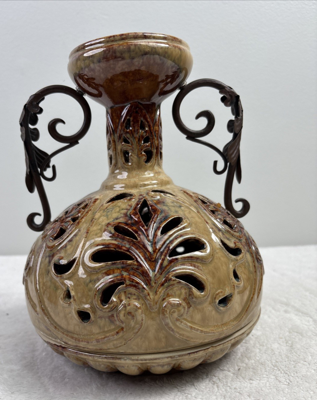 Vintage Pierced Ceramic Art Deco /Candle Holder with Wrought Iron Handles 11”