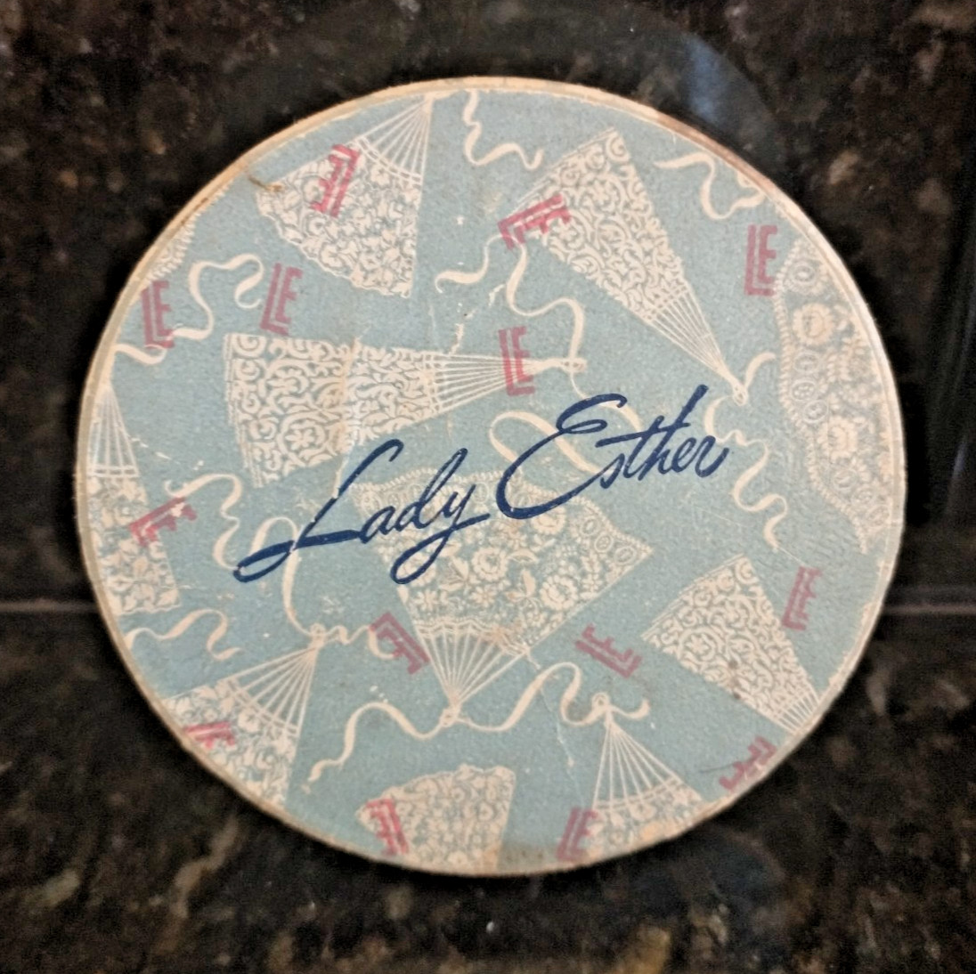 VTG Lady Esther Face Powder Container Box Pale Blue Fans & Ribbons Empty W/Puff