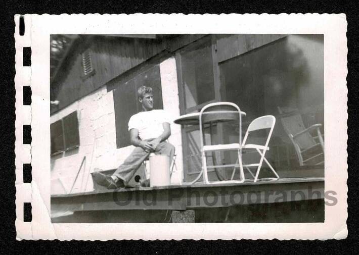 HANDSOME YOUNG MAN WHITE T-SHIRT SITTING ON DECK ALONE OLD/VINTAGE PHOTO- A69