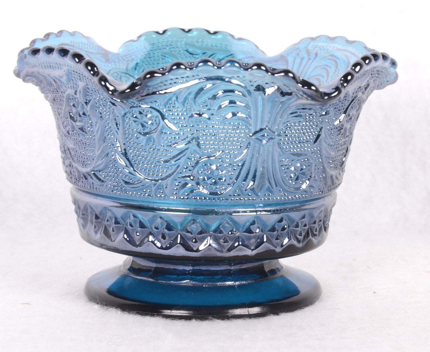 Vintage Indiana Blue Carnival Glass Scalloped Ruffle Embossed Footed Bowl 3\