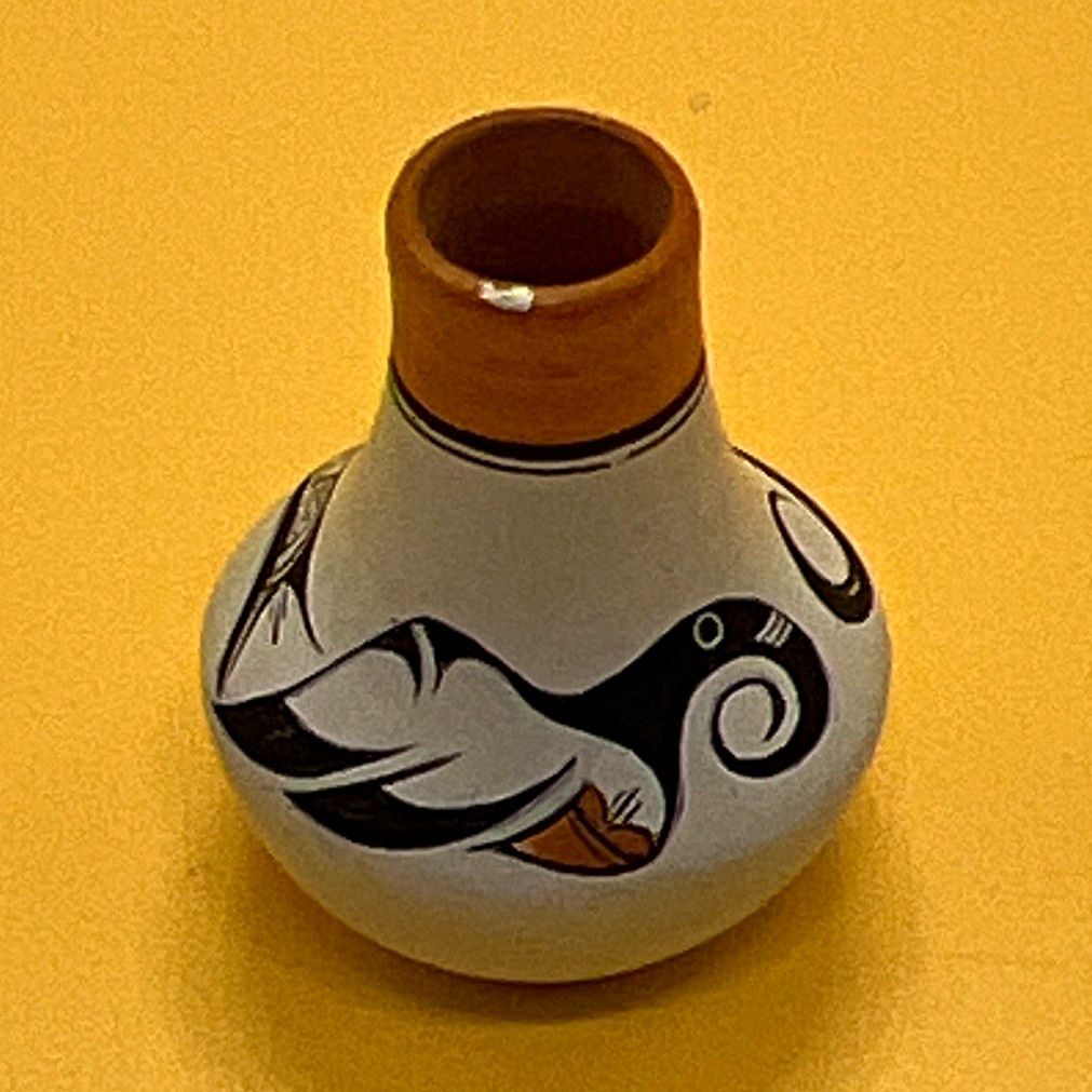 Native American US Pottery Miniature Vase Hand-Painted Bird Design