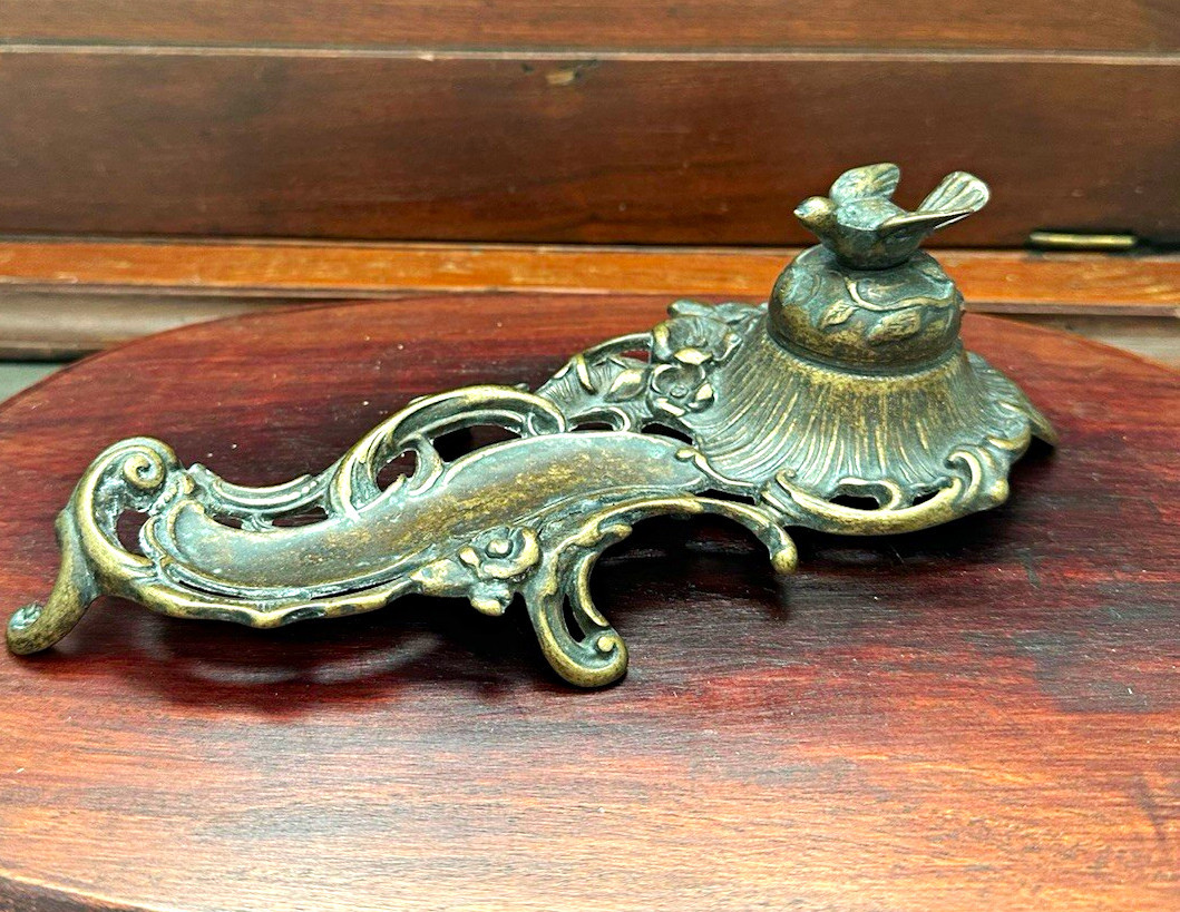 Antique Art Nouveau Brass Desk Inkwell & Pen Tray - Figural Birds Nest, 1900's