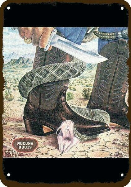 1980 NOCONA BOOTS Cowboy & Rattlesnake VintageLook DECORATIVE REPLICA METAL SIGN