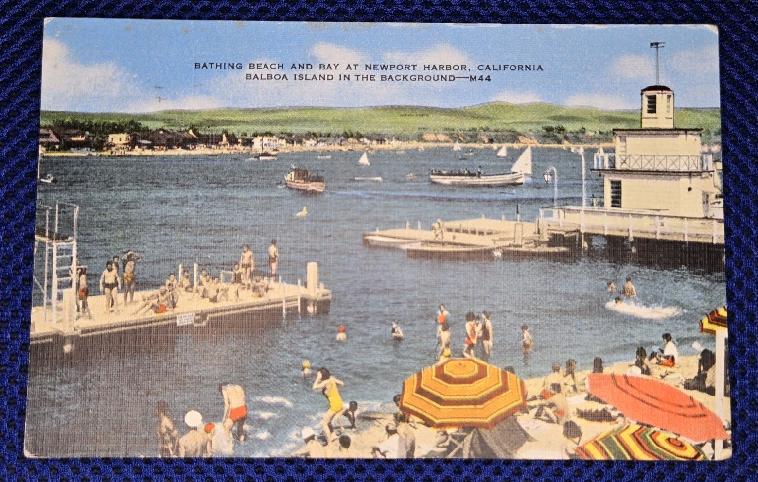 Vintage 1949 Linen Postcard Newport Harbor CA Bathing Beach Balboa Island Posted