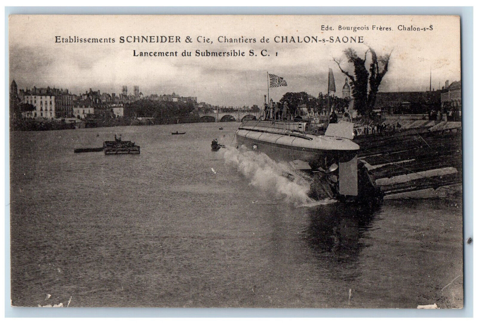 Chalon-s-Saone France Postcard Launch of SC Submersible Schneider & Cie c1910