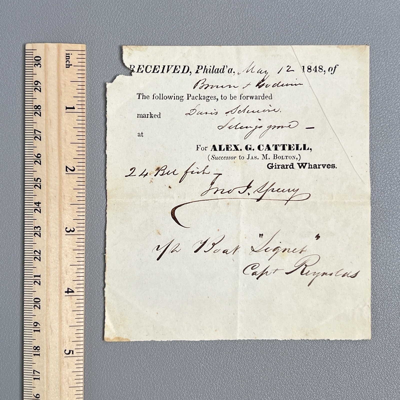 1848 Philadelphia Girard Wharves Shipping Receipt Alex Cattell Fish Ephemera PA