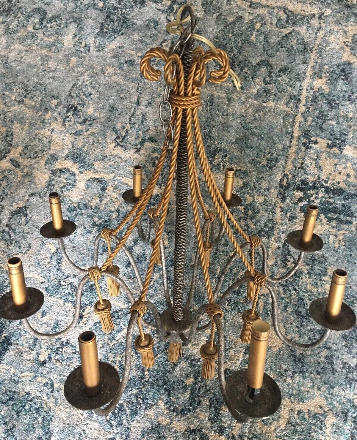 Gorgeous Vintage Italian Twisted Iron Chandelier Grey Gold Twisted Rope Design