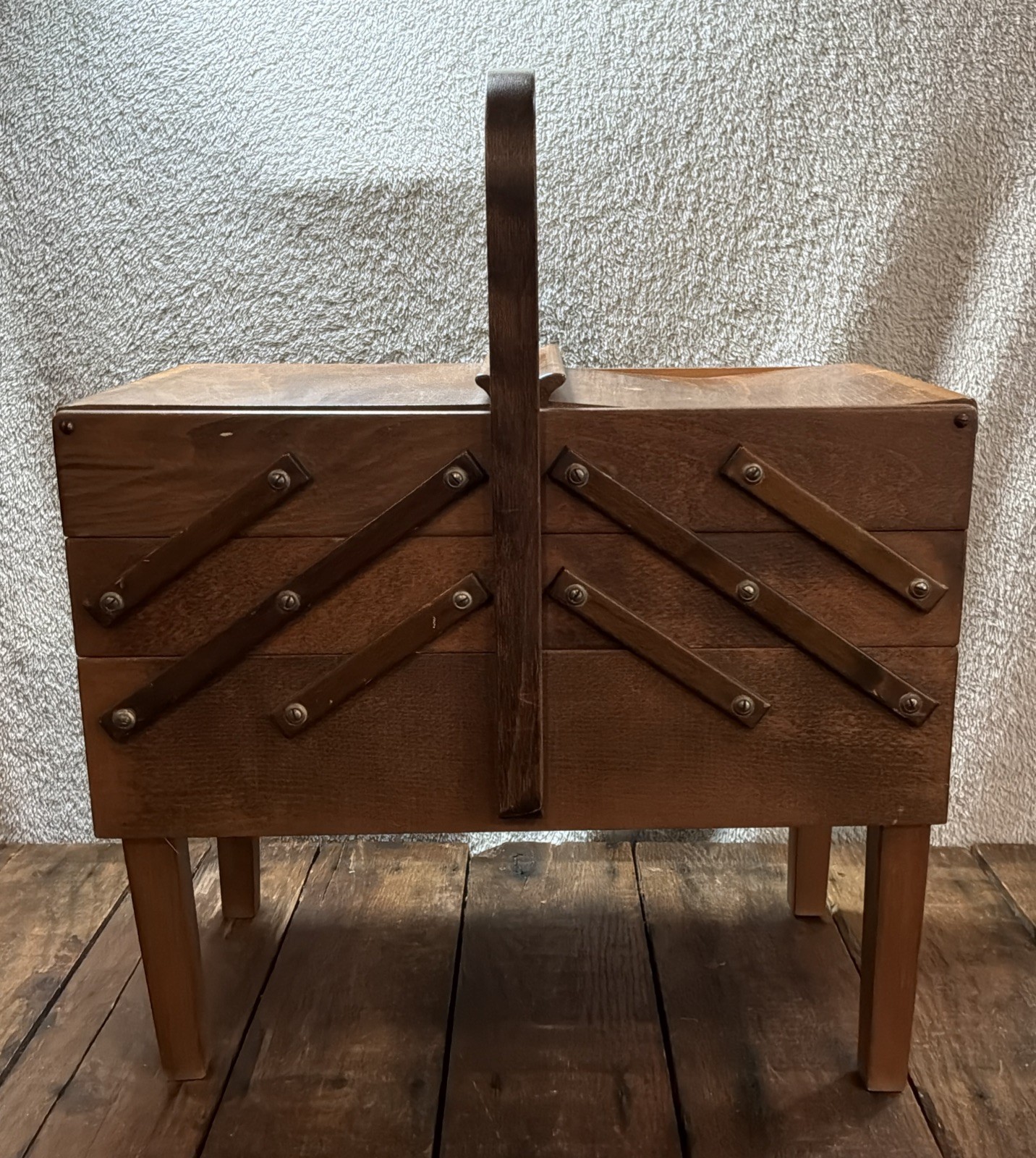 Vintage Strommen Bruk Hamar Norway MCM Wooden Accordion Sewing Box