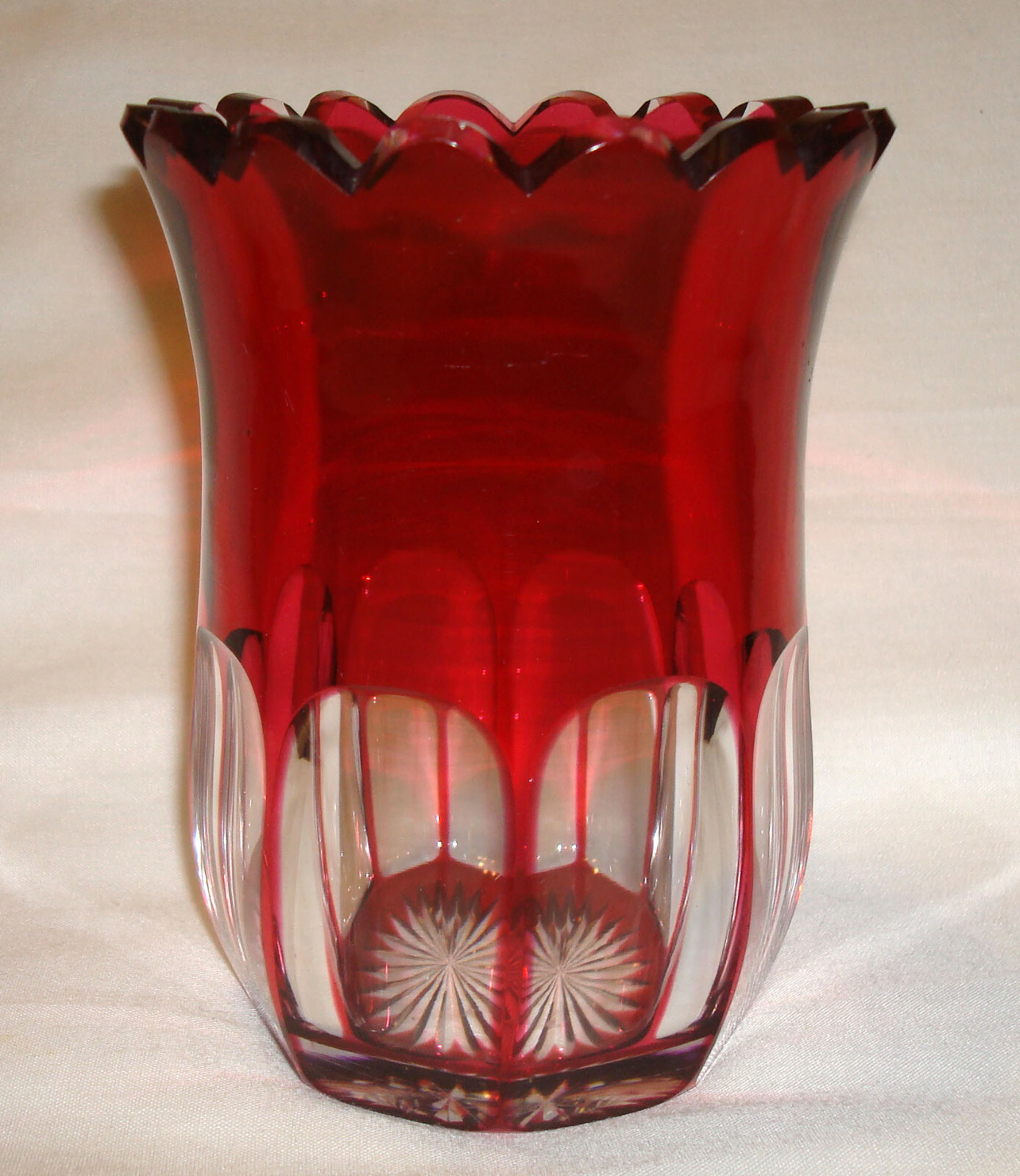 Antique EAPG Pressed Heavy Glass Ruby Stained Flash Thumbprint 4 ¾” Spooner Vase