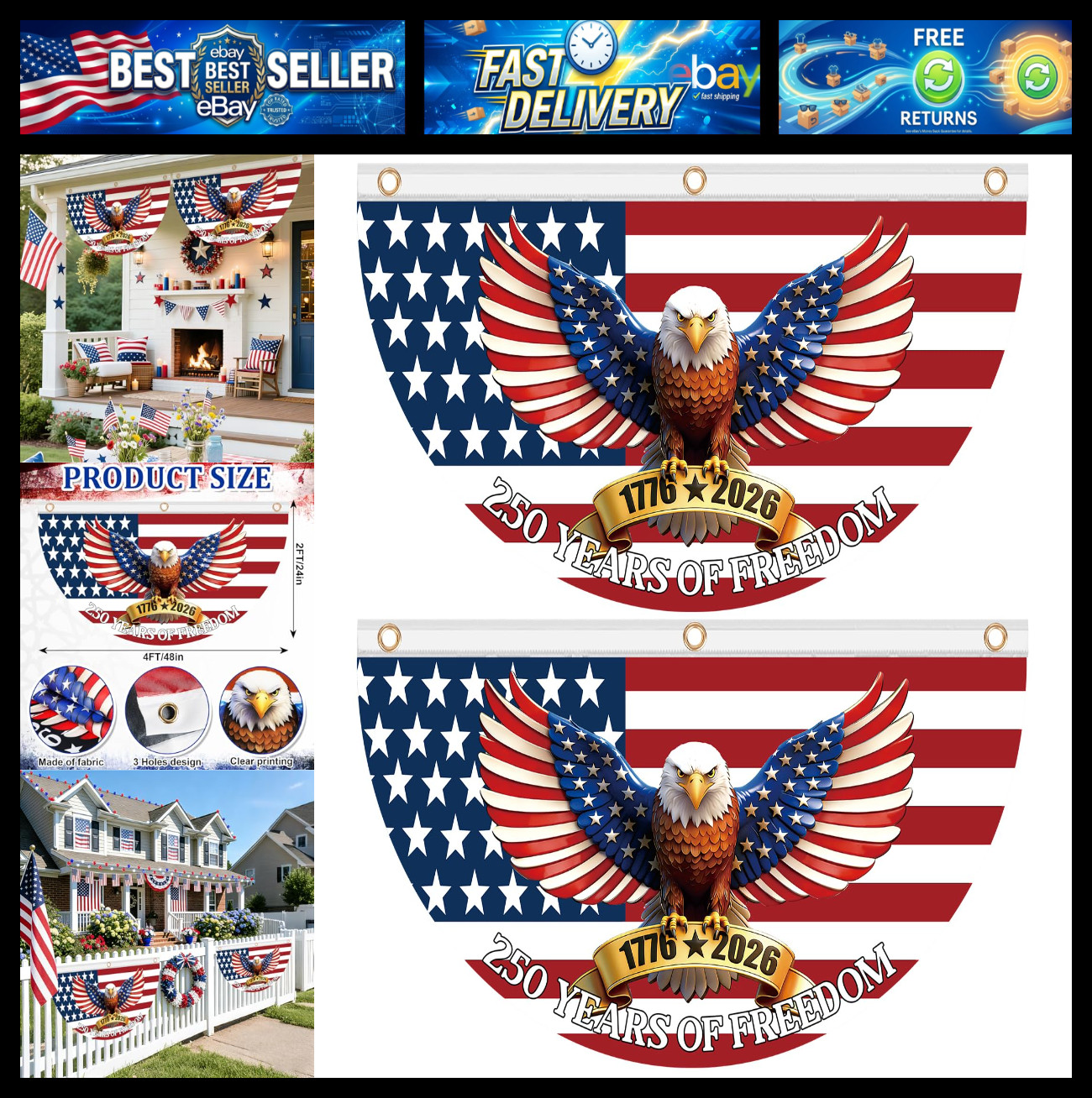 2PCS 250th Anniversary USA Bunting Flag 4x2 FT 1776-2026th Birthday American Fan