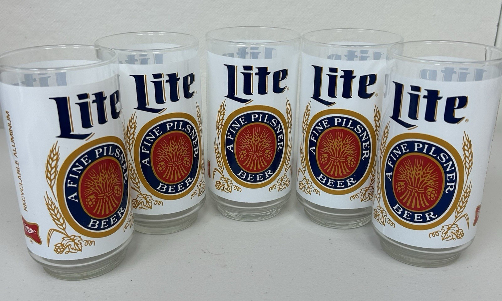 Set of 5 Vintage Miller Lite Classic Logo Glass Beer Mugs/Glasses 5.5\