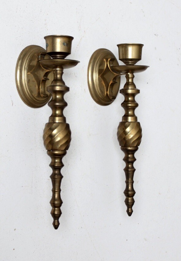 Vtg Solid Brass Twisted Candle Sconces Pair Single Taper Beautiful Mid Century