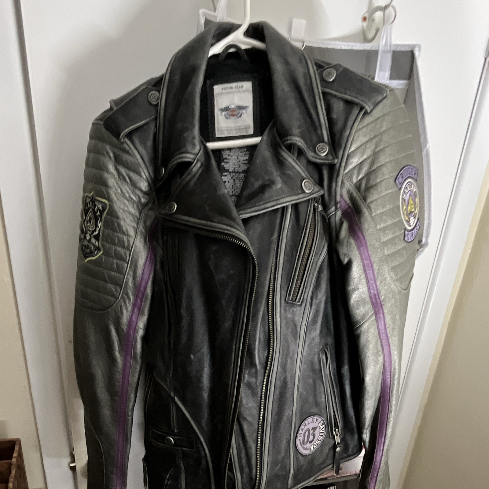 Harley-Davidson Riding Gear Cruiser Girls Leather Jacket Black/Purple Patches M