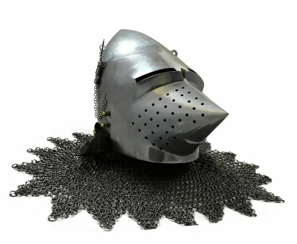 Medieval Hounskull Collection Bascinet Visor Helmet With Chainmail 18 Gauge