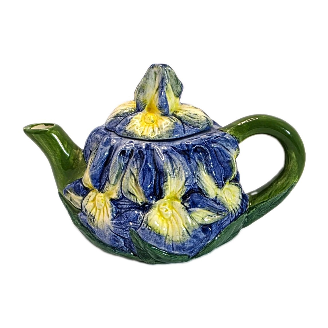 Vintage Majolica Blue Iris Ceramic Collectible Teapot, Small Floral 3D