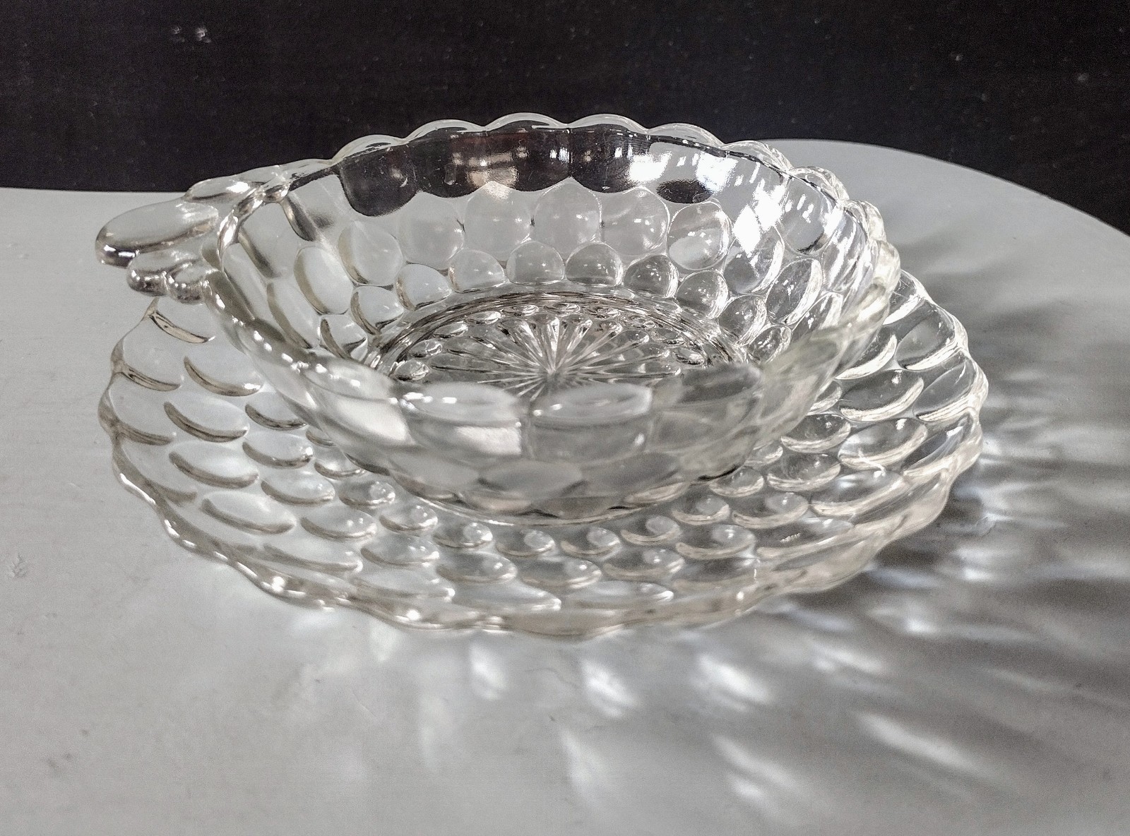 Vth Anchor Hocking Bubble Clear 5.25” Handled Dish w/Underplate 
