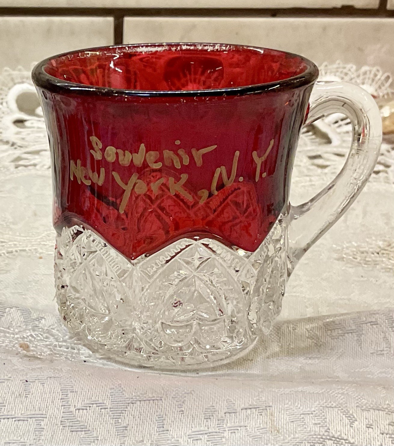 2.75” EAPG RUBY FLASH CUP  NEW YORK , N.Y.  SOUVENIR