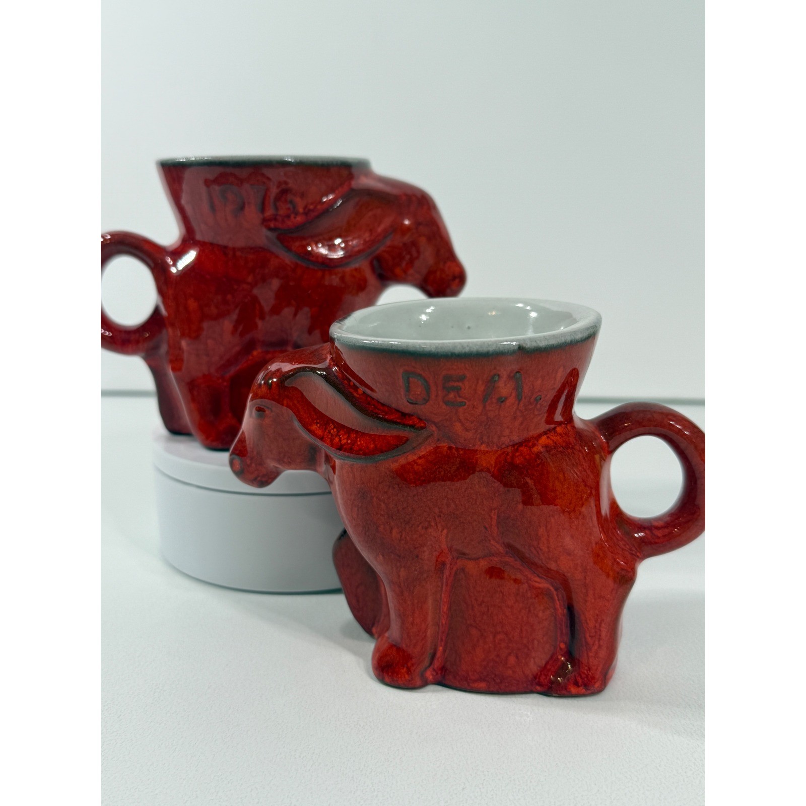 Frankoma Pottery 1976 Democratic Donkey Mugs Set of 2 Red Glaze DG05-739 Frankoma Pottery 1976 Democratic Donkey Mugs Set of 2 Red Glaze DG05-739